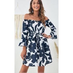 Off Shoulder Ruffle Floral A Line Short Skater Dress Tie Belt Blue White Size XL